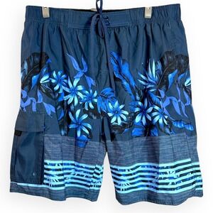 Stillwater Supply Co Mens XXL Blue Tropical Floral Swim Trunks Lined Pockets